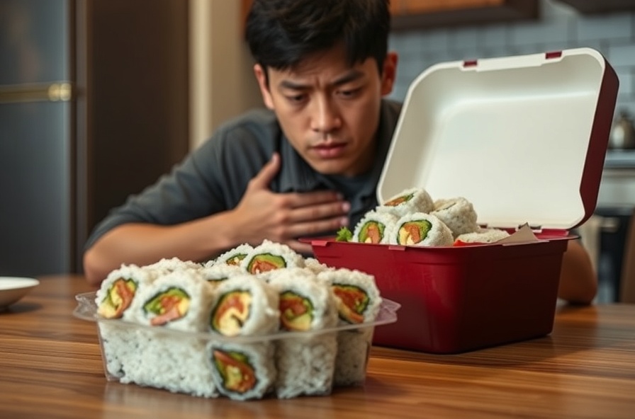 person at table looking at rice filled kimbap rolls unsure