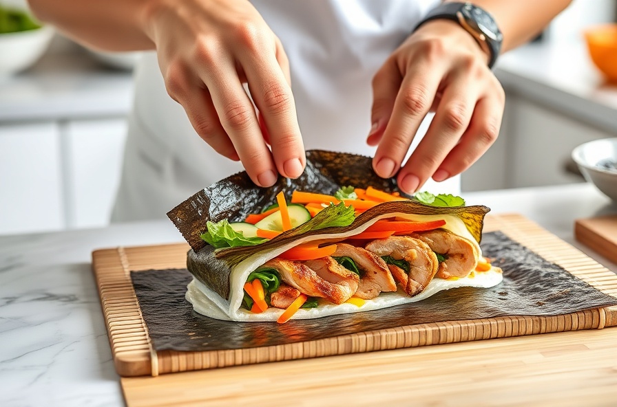 hands spreading egg and adding vegetables on sushi mat