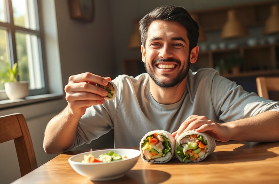 happy adult enjoying colorful high protein kimbap at table