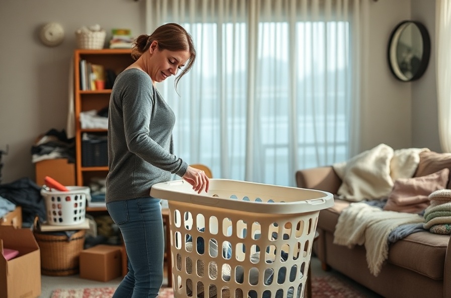 woman winces holding lower back near laundry basket