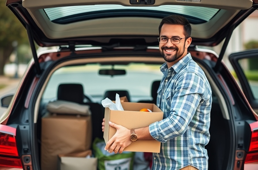 man lifts groceries from car trunk looking comfortable