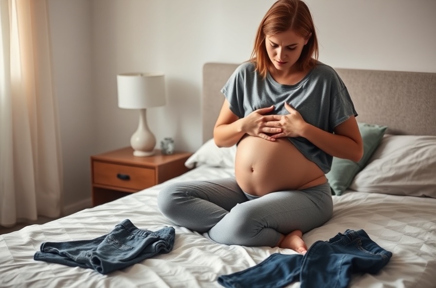 woman sits on bed holding bloated stomach in discomfort
