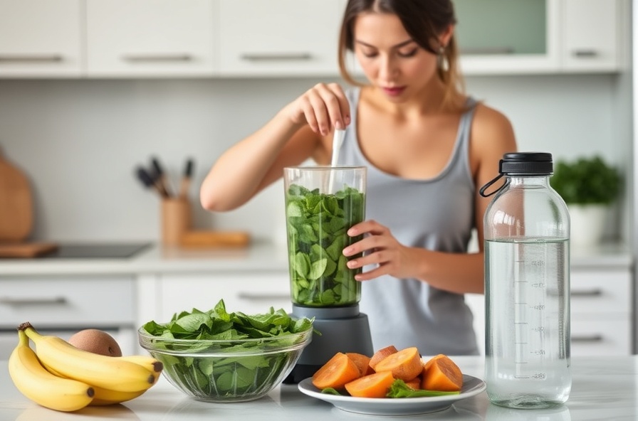 woman makes smoothie with fresh fruits and greens in kitchen