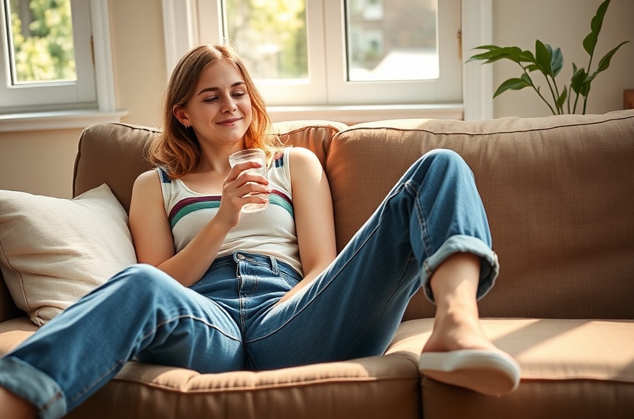 woman in jeans smiling and sipping water on sunny couch