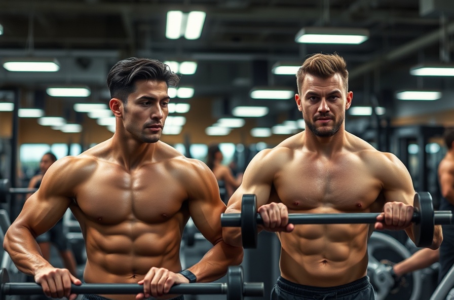 two friends working out in a bright busy gym