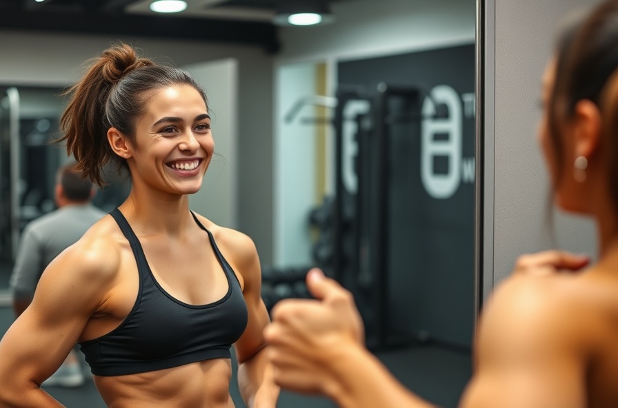 person smiles at gym mirror while friend gives fist bump