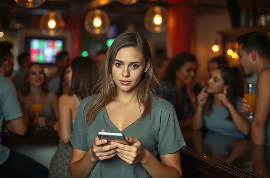 young woman standing alone at a busy bar looking anxious