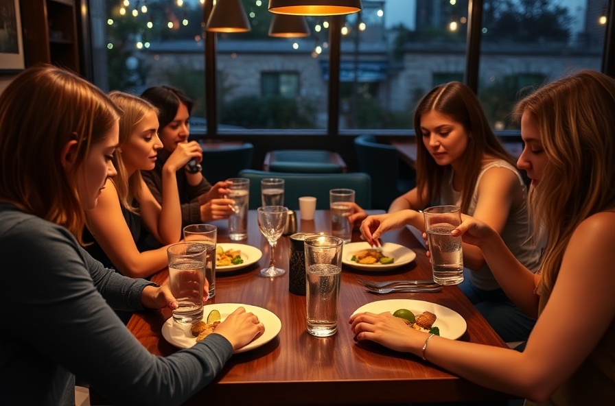 friends at a restaurant table choosing drinks and food mindfully