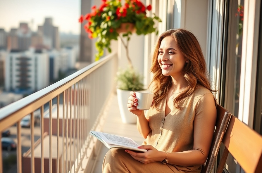 woman relaxing with tea and journal on a sunny balcony smiling