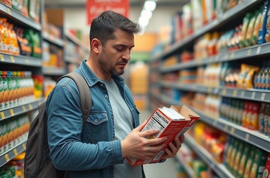tired shopper comparing cereal boxes in a busy grocery aisle
