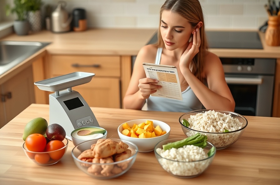 person weighing foods and using app at kitchen table