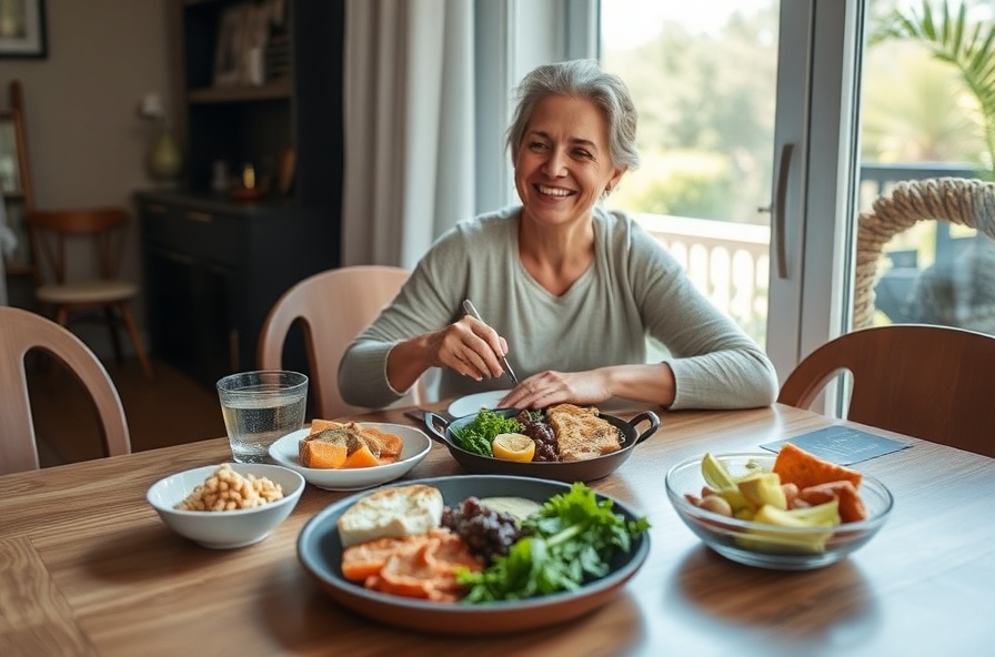 person enjoying a balanced meal at a sunlit dining table