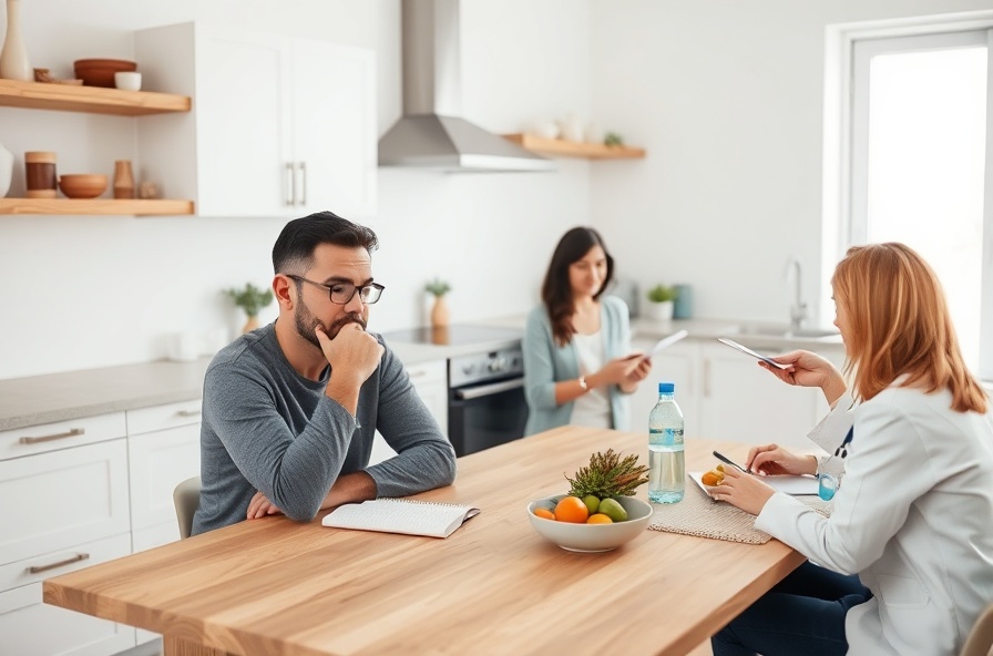 two adults sharing support at a kitchen table with veggies