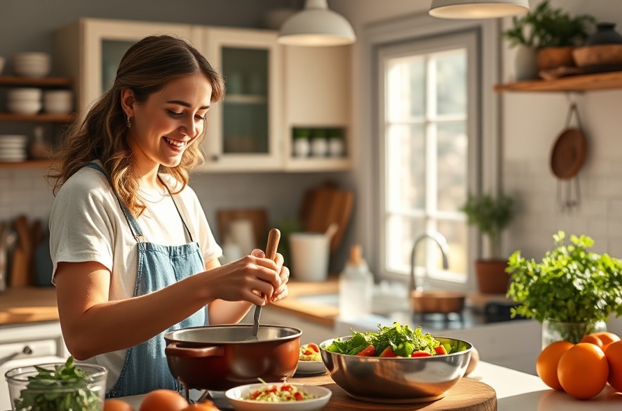 smiling person preparing a healthy meal in sunlit kitchen