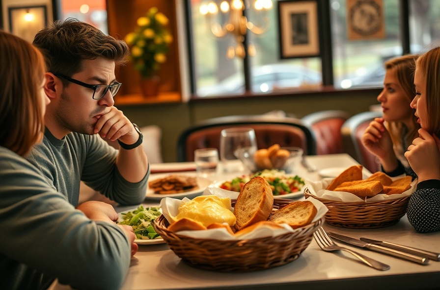 person looks stressed at table with friends and bread basket
