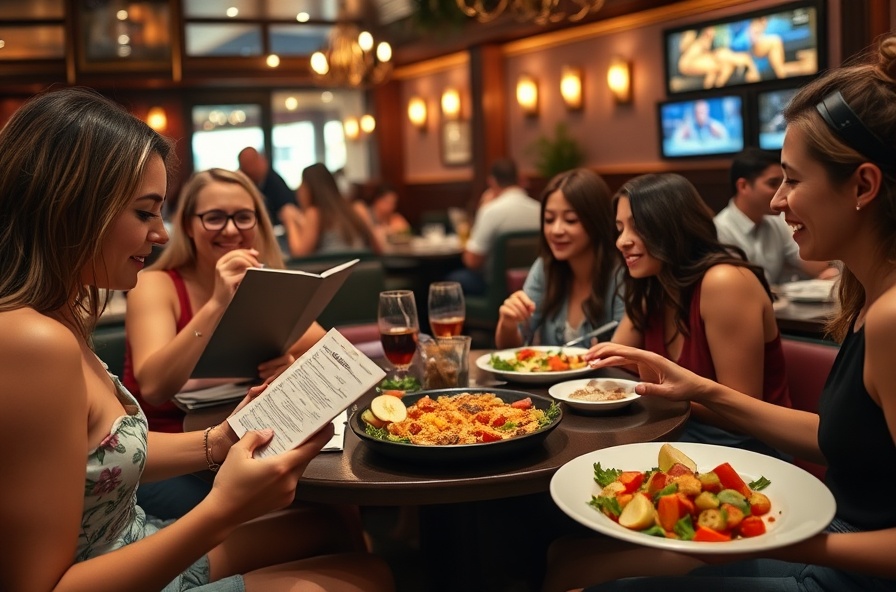 friends in restaurant one checks menu on phone eats apple slice