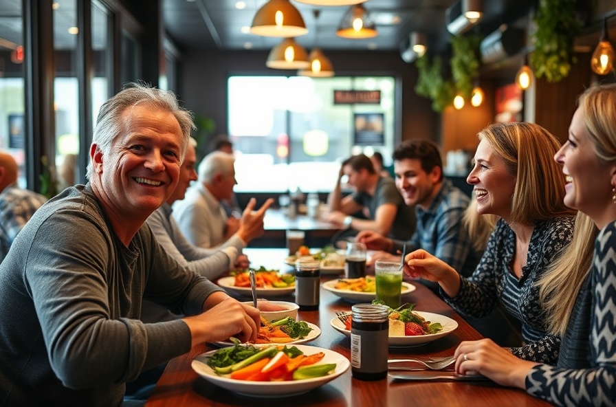 person smiles enjoying grilled vegetables with friends at table