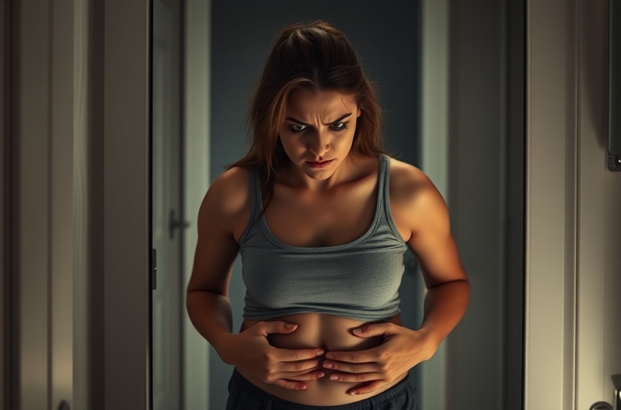 tired young woman looking at her stomach in bathroom mirror