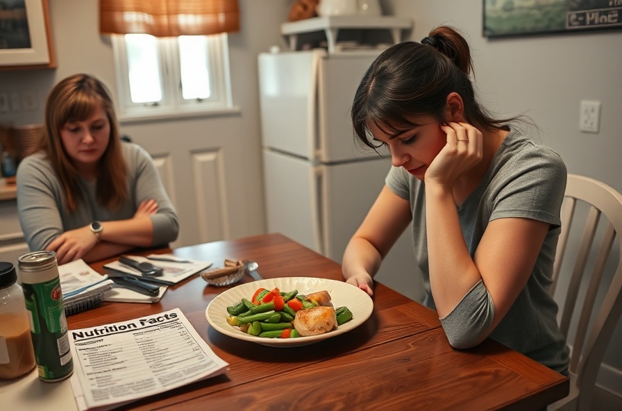 woman with anxious expression at small kitchen table with friend