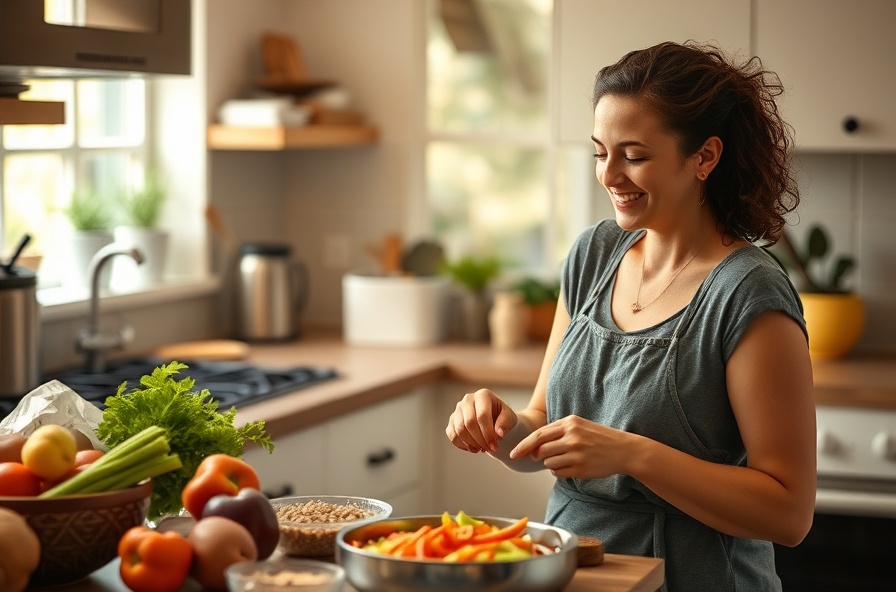 woman preparing healthy colorful meal smiling in warm kitchen