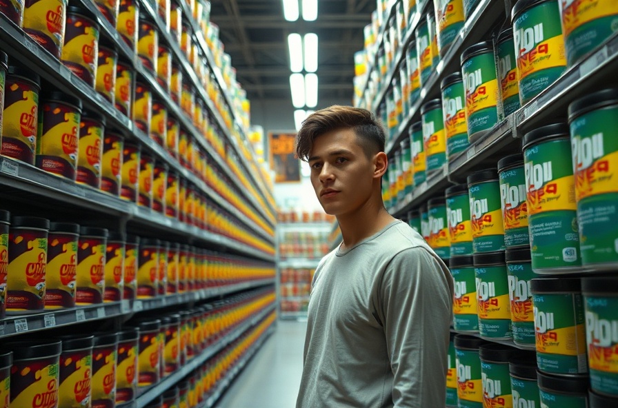 young adult stands in supermarket aisle surrounded by tubs
