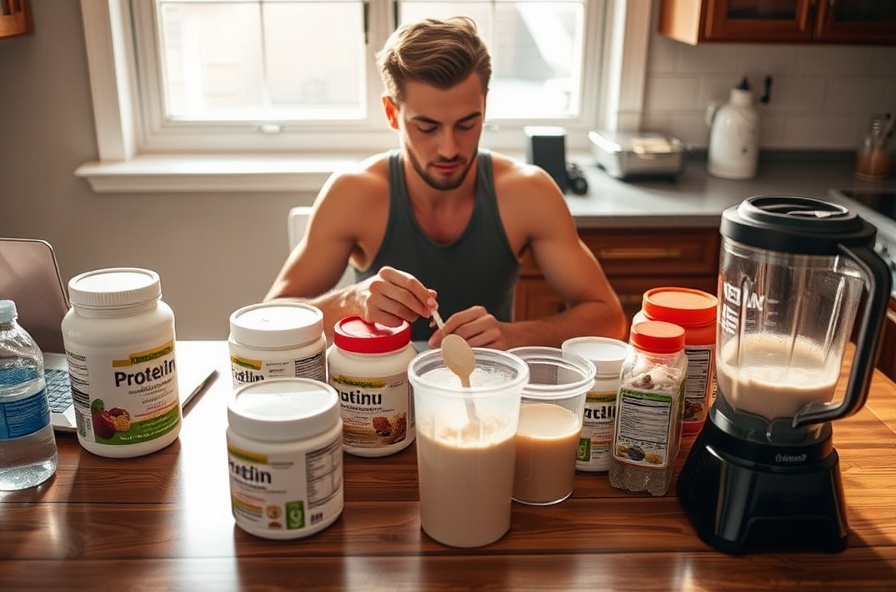 person at kitchen table comparing protein powder containers