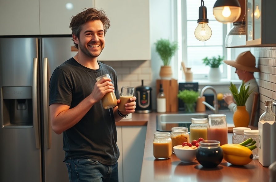 person smiling at counter tasting a blended protein smoothie