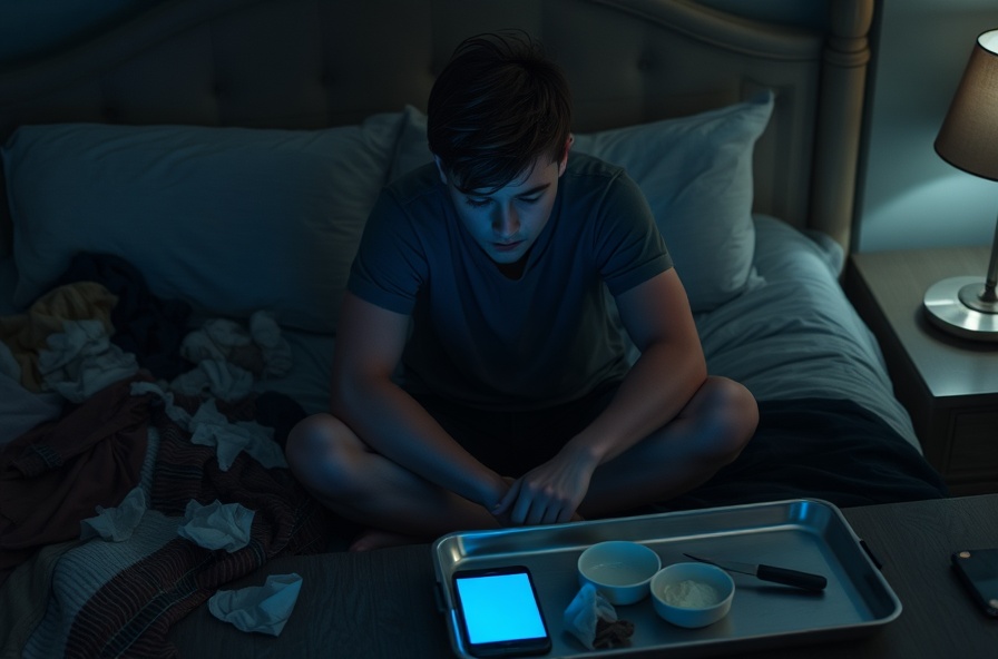 young adult sits on bed at night looking distressed