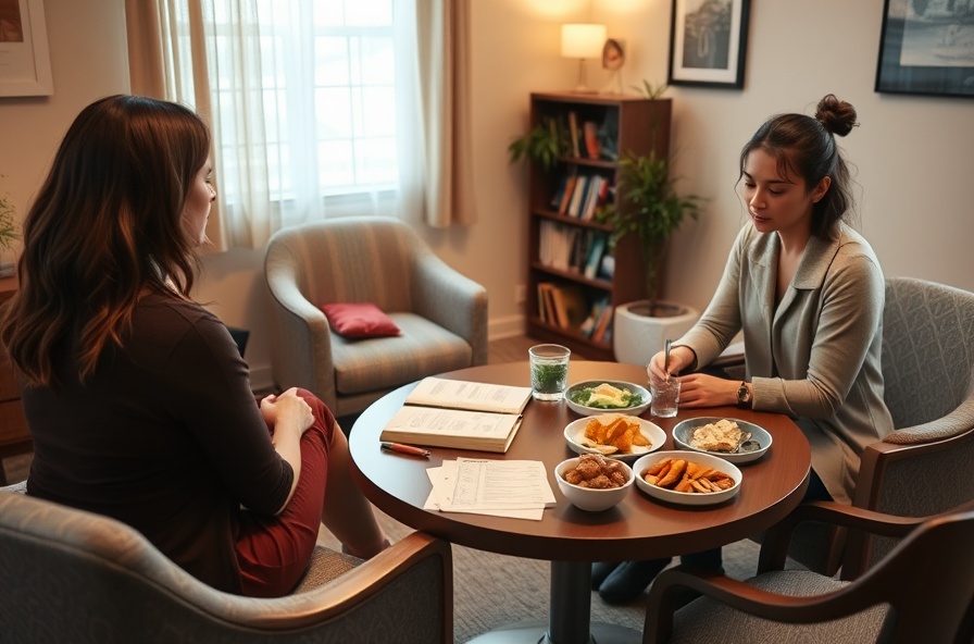 person talks to therapist and nutritionist in warm office
