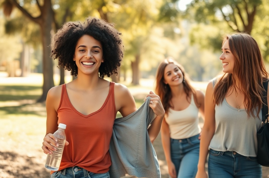 smiling person walks with friends in a sunny park