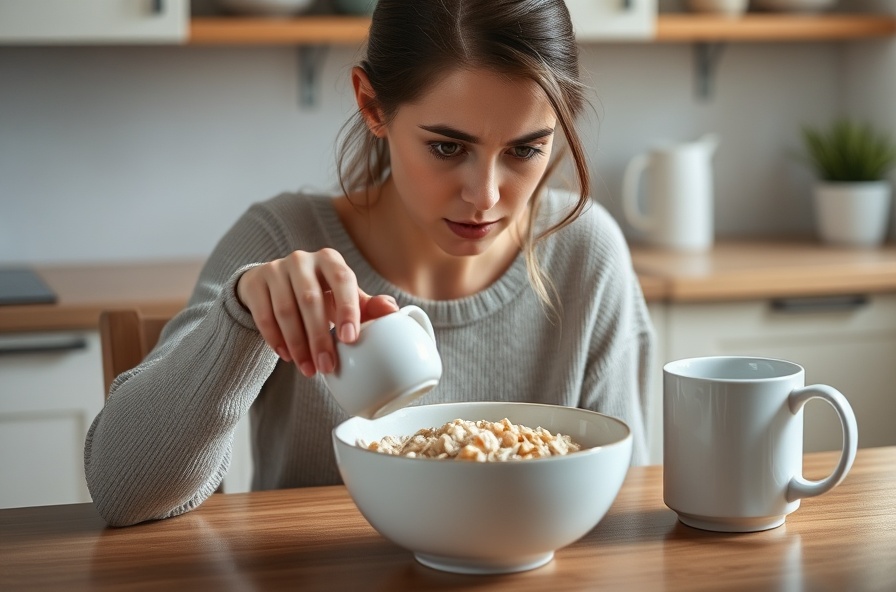 woman pausing over sugar at breakfast table morning light