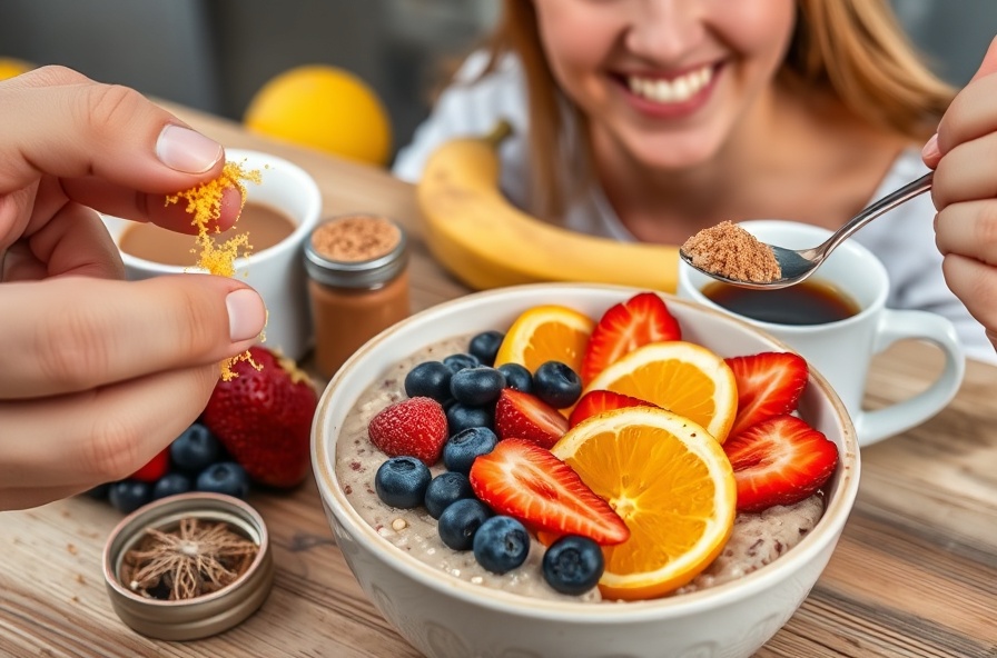 colorful fruit and oatmeal topped with lemon zest and cinnamon
