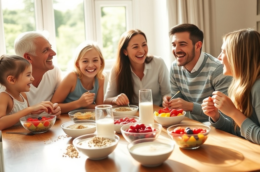 family enjoying fruit bowls and breakfast together in sunlight