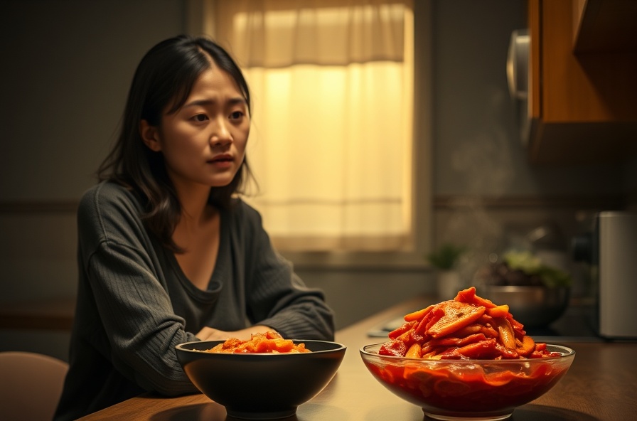 young woman alone at night eyeing a bowl of tteokbokki