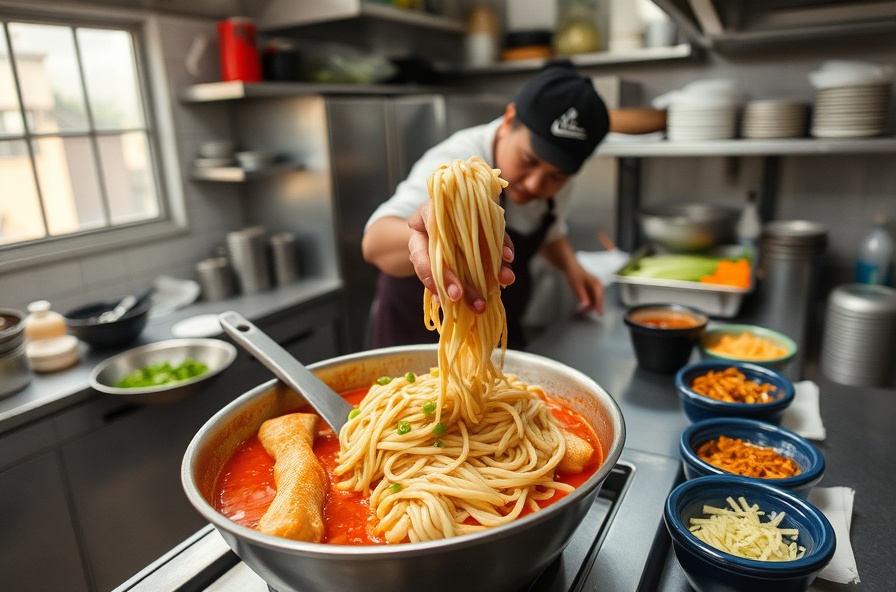 person making tteokbokki with chicken noodles and fresh toppings