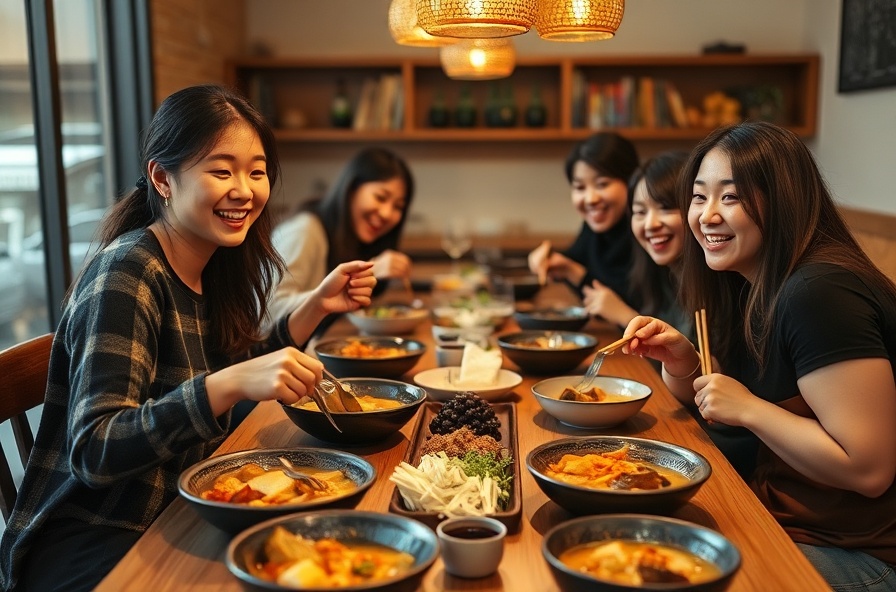 group of friends smiling and sharing bowls of healthy tteokbokki
