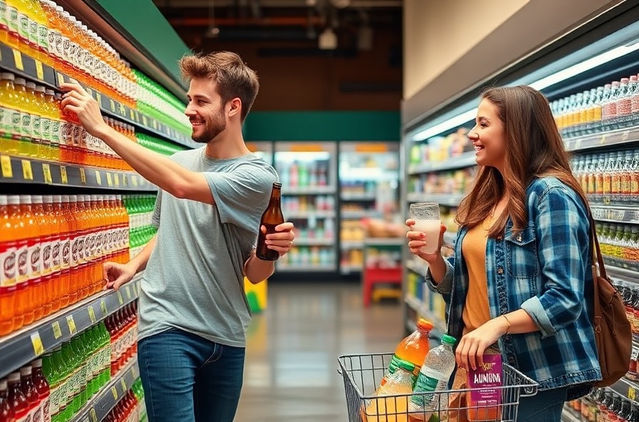 young man chooses kombucha over soda in grocery aisle