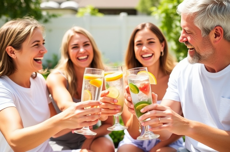 family toasts with sparkling water in a sunny backyard