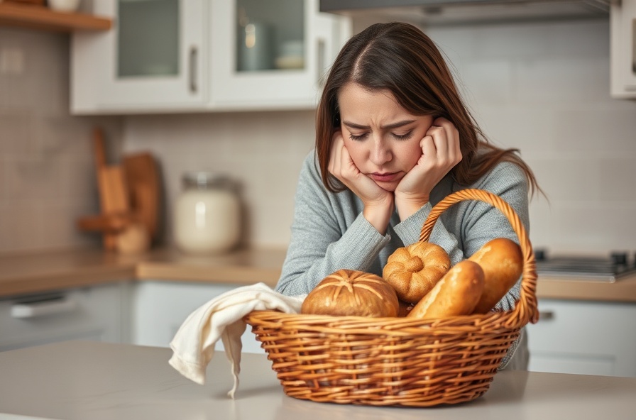 tired woman at kitchen counter staring at bread and pastries