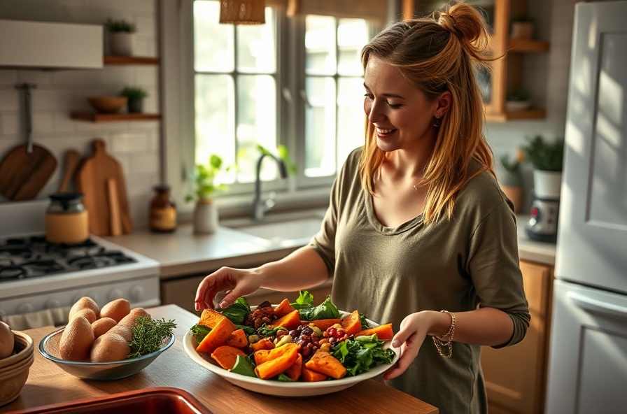 woman stretches while preparing a healthy colorful meal