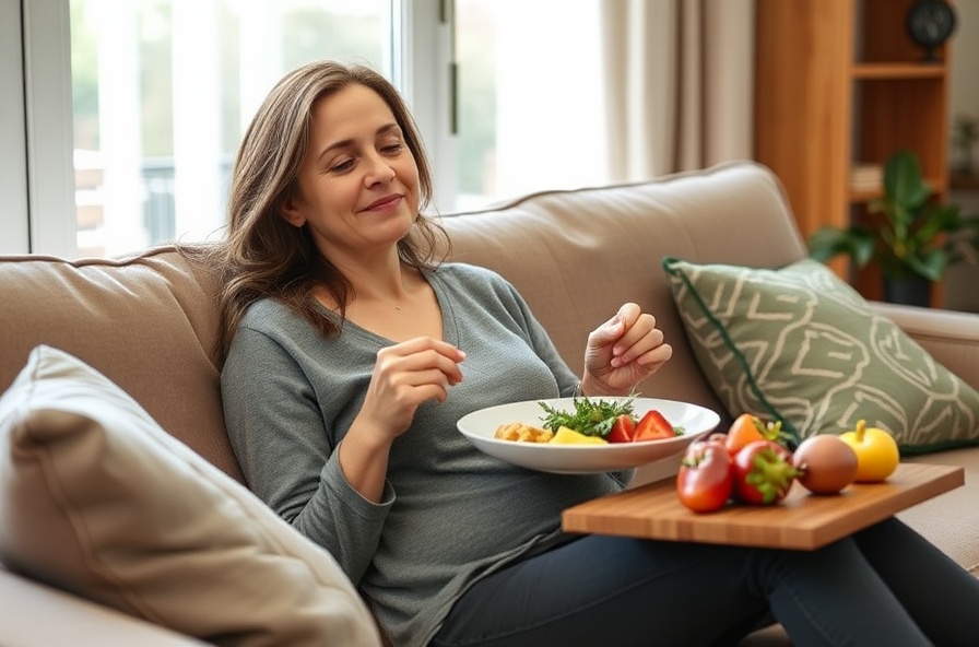 woman sits on sofa eating a balanced meal looking relaxed