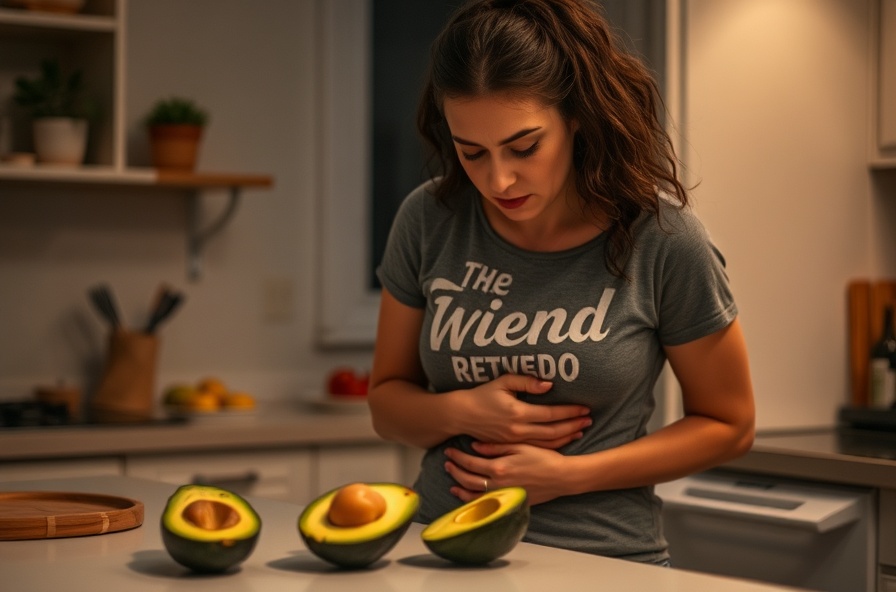 tired woman holds stomach and looks at avocado in kitchen