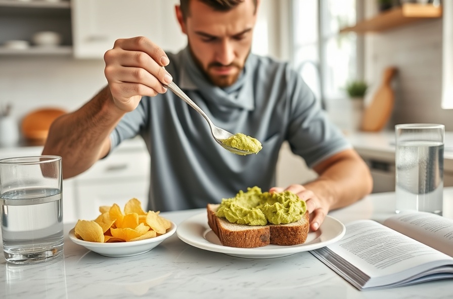 man spreads avocado on bread with chips and book nearby