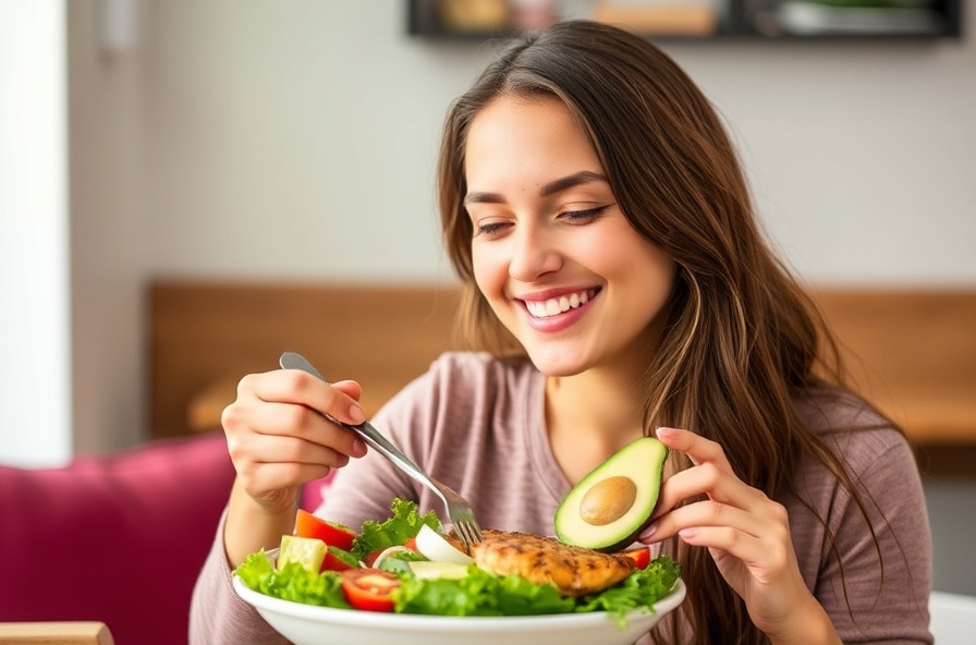 smiling woman eats meal with avocado vegetables and chicken