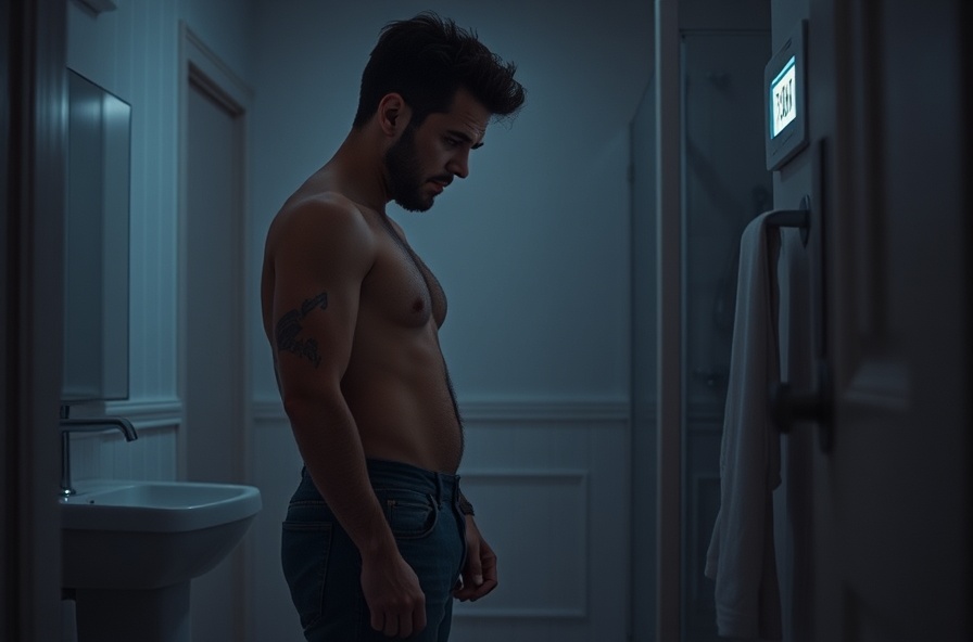 tired person looking down at scale in dim bathroom