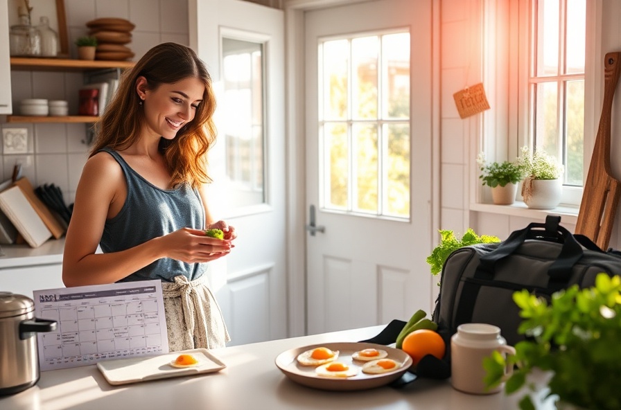 woman making healthy breakfast in sunny kitchen