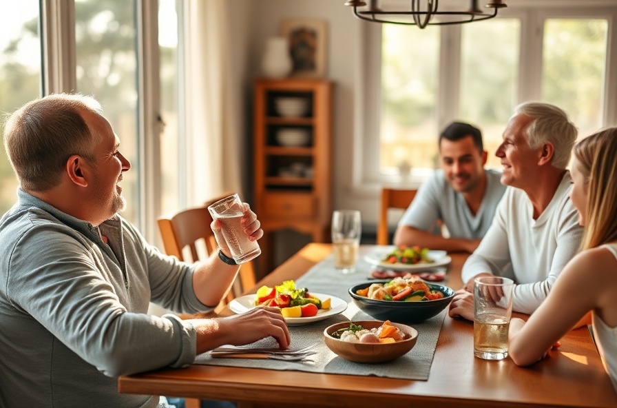smiling man eating with family at sunlit dining table