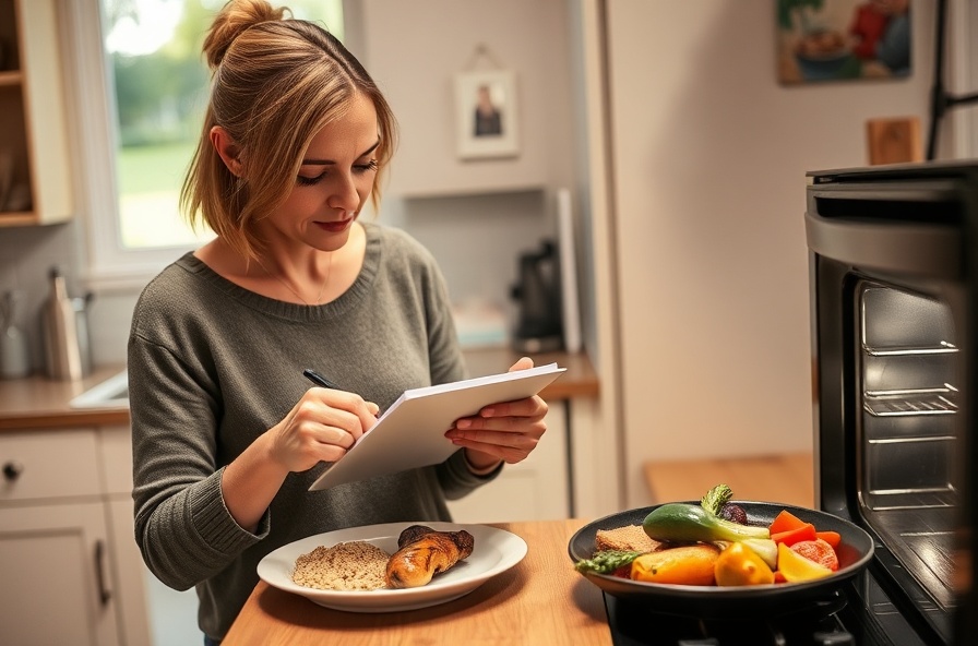 woman preparing a balanced meal and checking her reflection