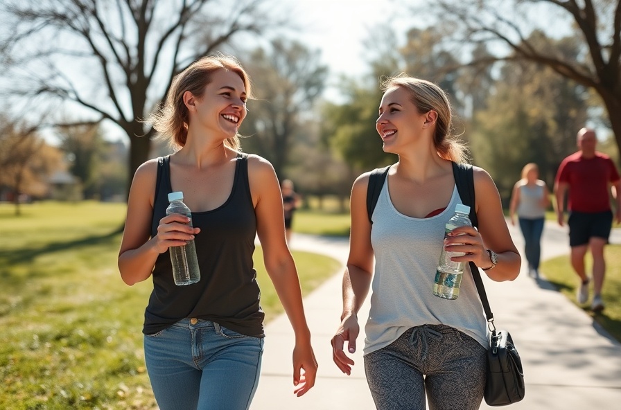 two women happily walking with water bottles in a sunny park