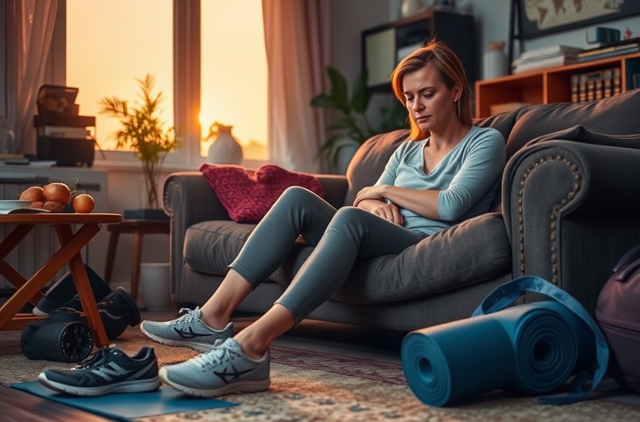 tired woman on couch looking at sneakers in cluttered room